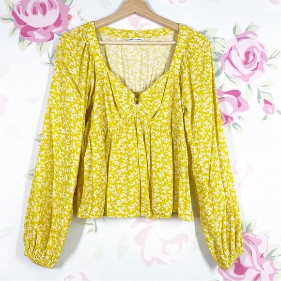 American Eagle Outfitters Tops - American Eagle Outfitters AEO Yellow Ditsy Floral Sweetheart Neckline Blouse S